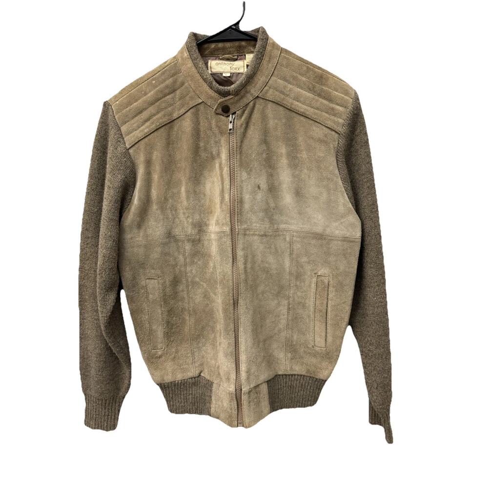 Anthony Foxx Suede Leather Jacket Mens L Vintage 80s Bomber Knit Tan